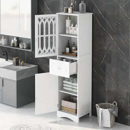 Sleek White Freestanding Bathroom Storage Cabinet with Adjustable Shelves and Drawer