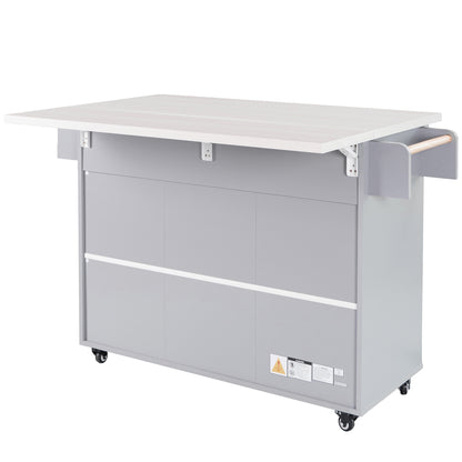 Grey Rolling Kitchen Island with Drop Leaf and Trash Can Storage, Spice Rack, Towel Rack, and Adjustable Shelves