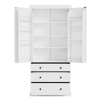 Tall White Farmhouse Kitchen Pantry - 77" Freestanding Storage Cabinet with Adjustable Shelves, Door Shelves, and Drawers