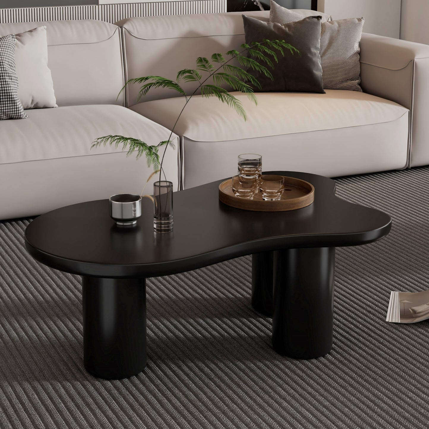 44'' W x 25.9'' D Cloud-Shape Coffee Table with 1.5-Inch Thick MDF Top, 3-Leg Table for Living Room, Black