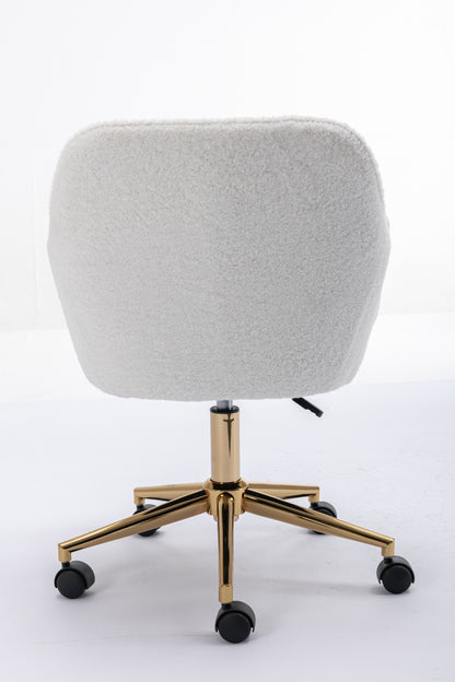 Elegant White Teddy Fabric Home Office Chair with Gold Metal Legs and 360° Swivel Function