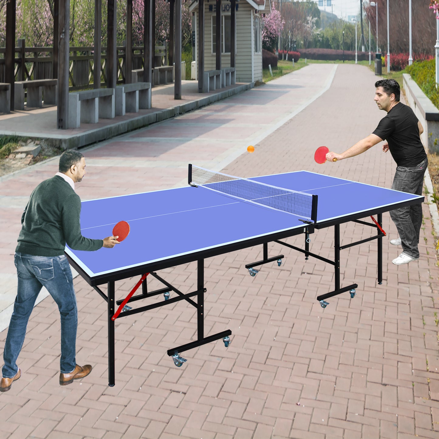 Regulation-Size 8ft Indoor Table Tennis Table, Foldable & Portable with Net, Paddles & 3 Balls Blue