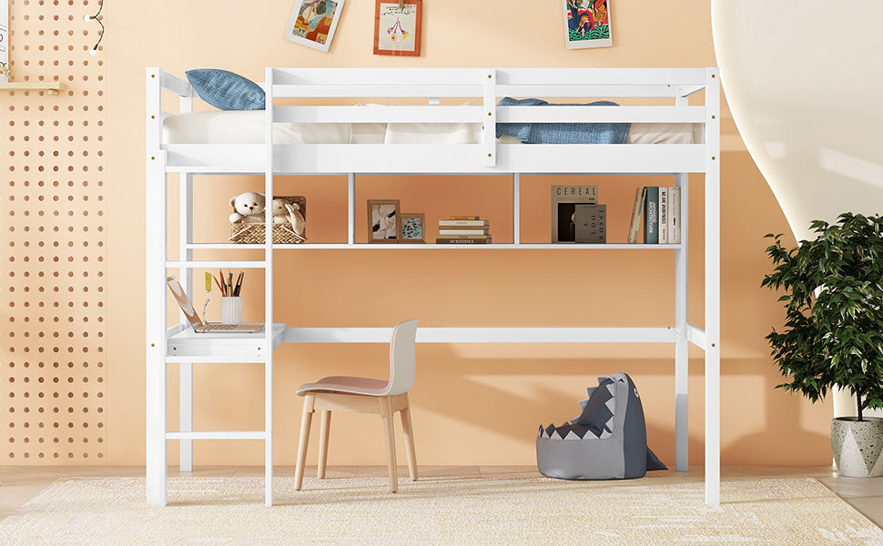 Twin Loft Bed with Integrated Desk and Shelves, Safety Guardrails, and Ladder in White