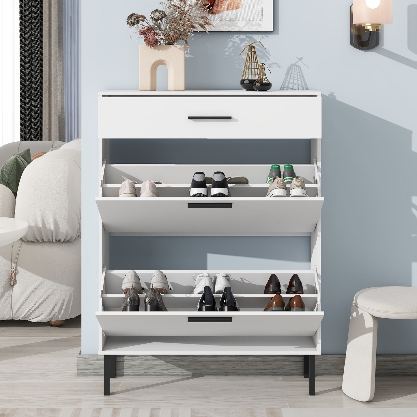 Modern Freestanding Shoe Storage Cabinet with Adjustable Flip Drawers and Metal Legs for Entryway Organization