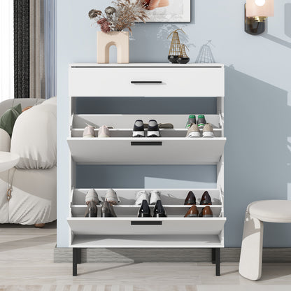 Modern Freestanding Shoe Storage Cabinet with Adjustable Flip Drawers and Metal Legs for Entryway Organization