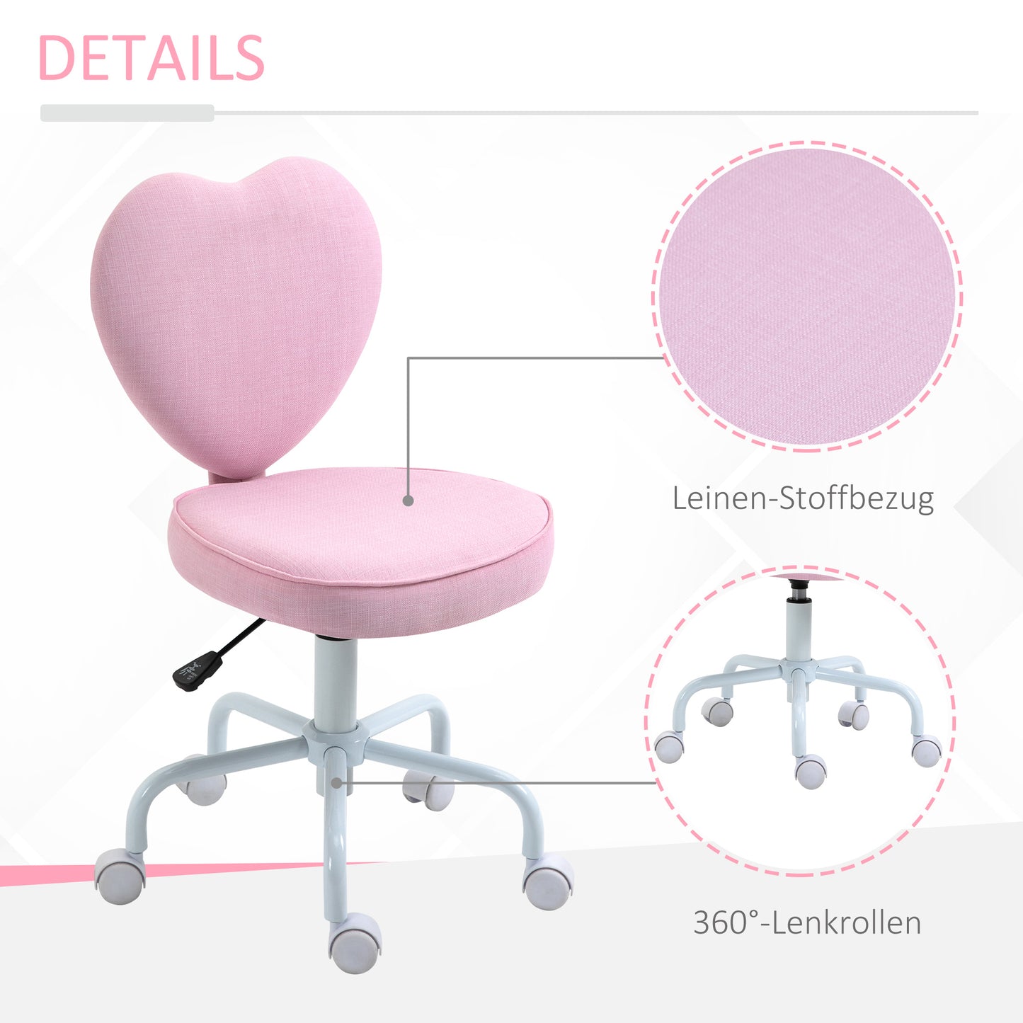 Cute Pink Heart-Shaped Swivel Office Chair with Adjustable Height and Rolling Wheels