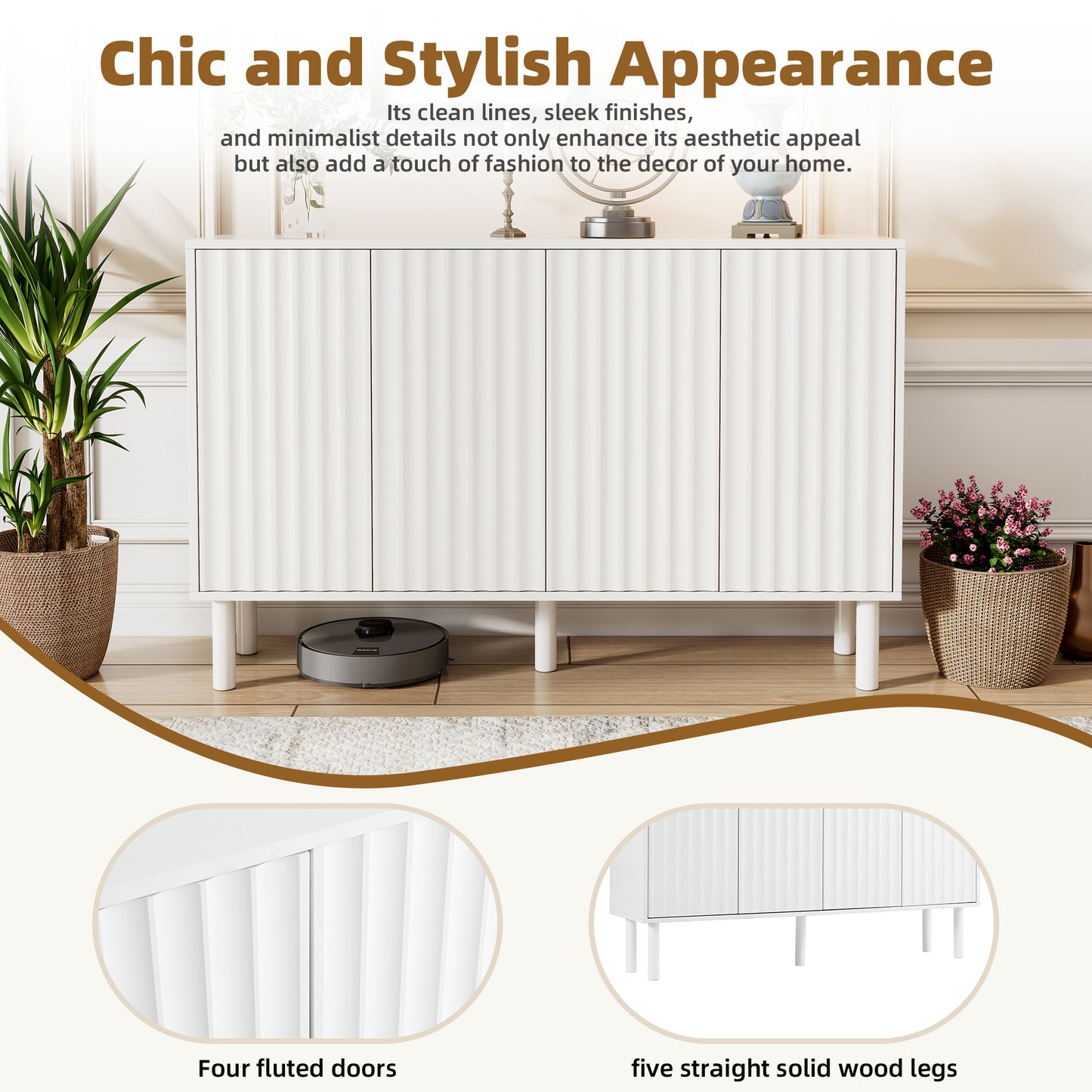 ON-TREND Minimalist Shoe Cabinet with 5 Solid Wood Legs, Cream Style Sideboard Buffet Cabinet with Fluted Doors, Large 4-Door Storage Cabinet with Adjustable Shelves for Living Room, White, 55.1*13.7"