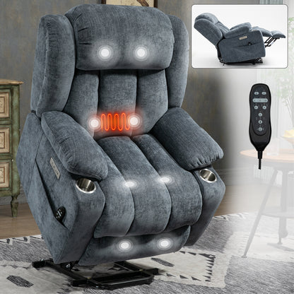 Power Lift Recliner with 8-Point Massage, Lumbar Heat, USB-C & USB-A, Chenille Upholstery, 350 lbs, Blue