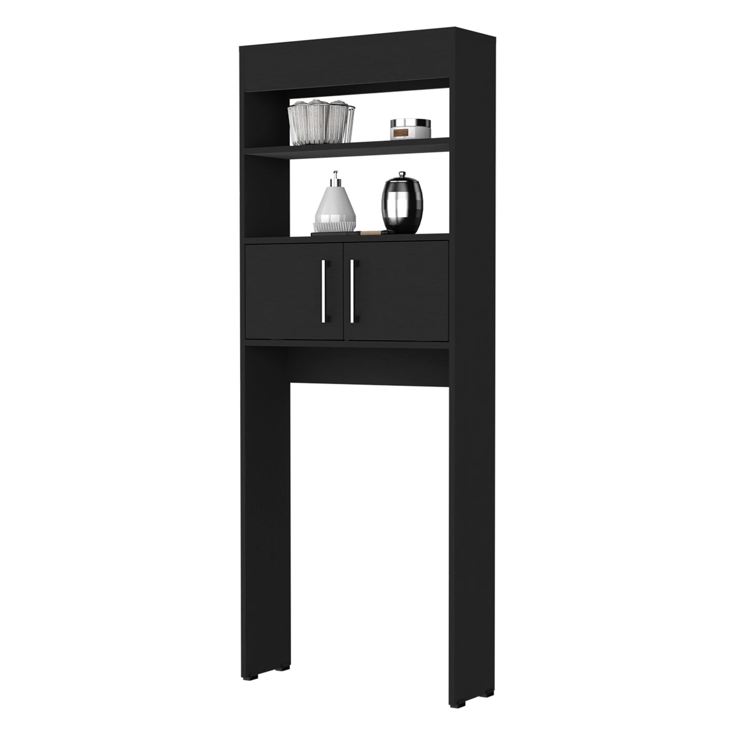 Modern Black Over-the-Toilet Storage Cabinet with Double Doors and Three Shelves