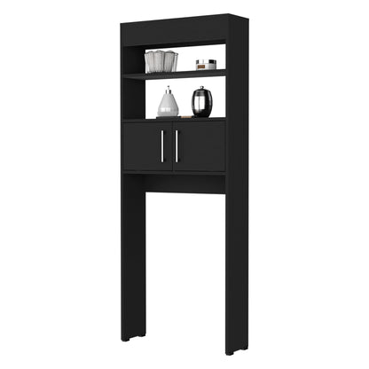 Modern Black Over-the-Toilet Storage Cabinet with Double Doors and Three Shelves