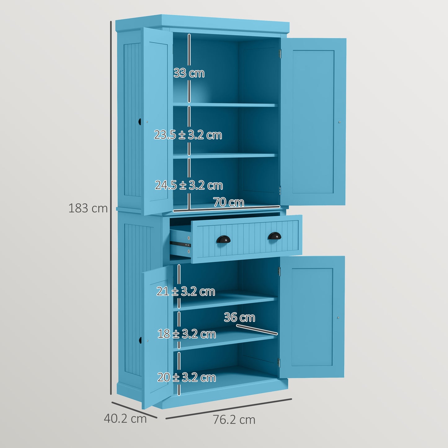 Light Blue Freestanding 72" Kitchen Pantry Cabinet with Adjustable Shelves and Traditional Design