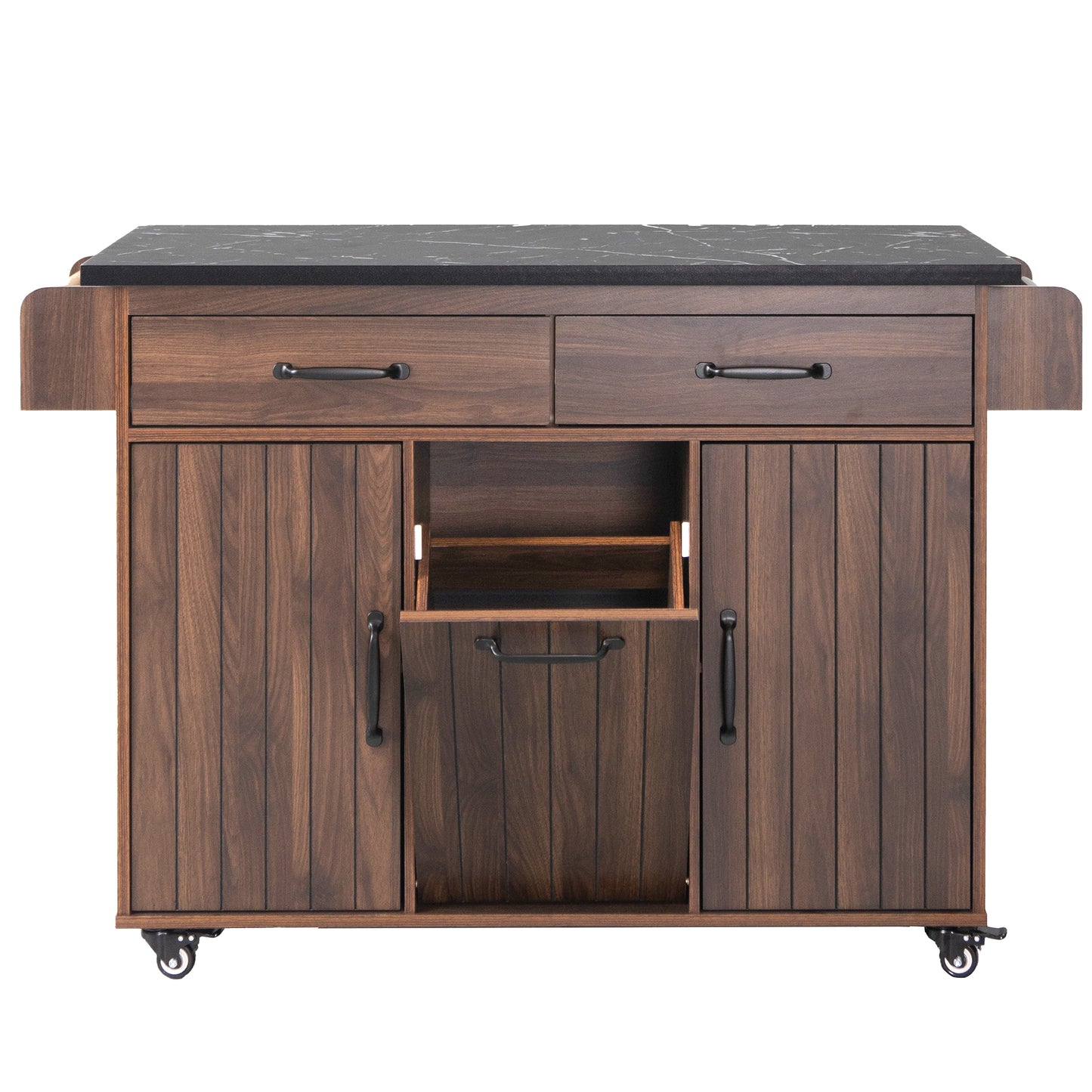 Walnut Brown Rolling Kitchen Island with Drop Leaf, Trash Can Storage, Spice & Towel Racks, and Adjustable Shelves