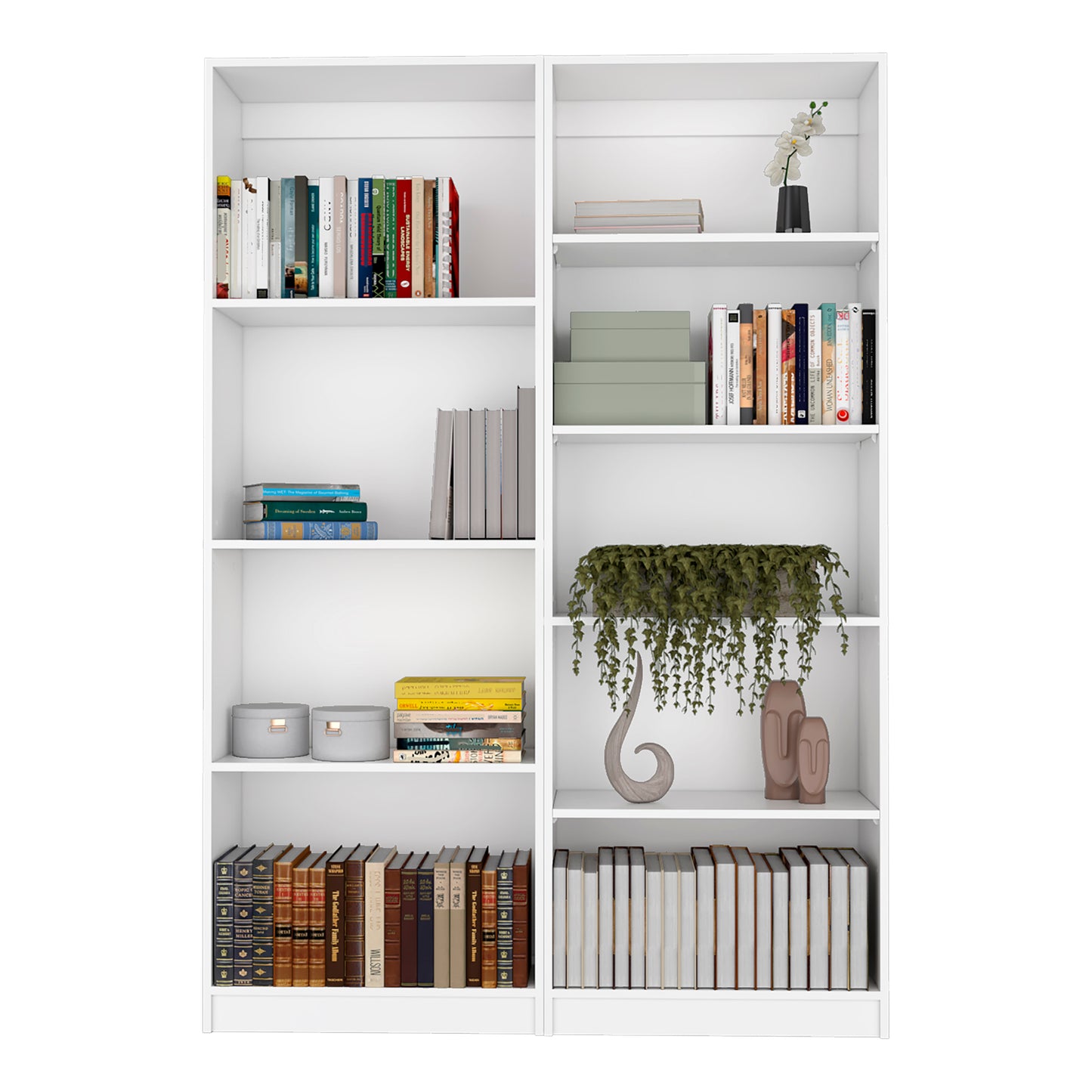 White 2-Piece Freestanding Bookcase Set with 9 Shelves and Storage Cabinet for Living Room