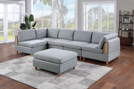6-Pc Modular Sectional Sofa Set - Modern, 2 Corner Wedges, 3 Armless Chairs & 1 Ottoman, Light Grey