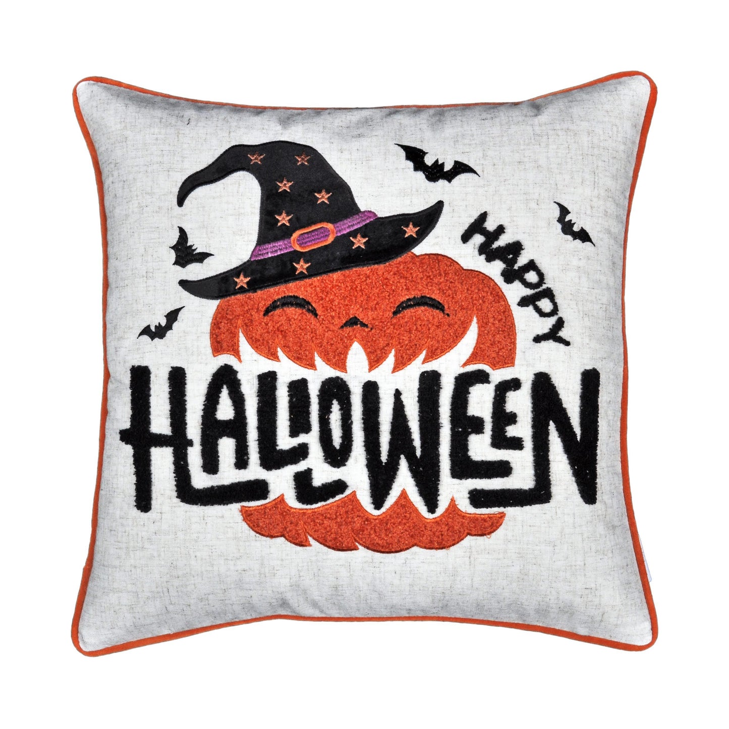 Halloween Throw Pillow, 20x20, Pumpkin Witch Embroidery, Happy Halloween Text, Polyester Cover, Natural