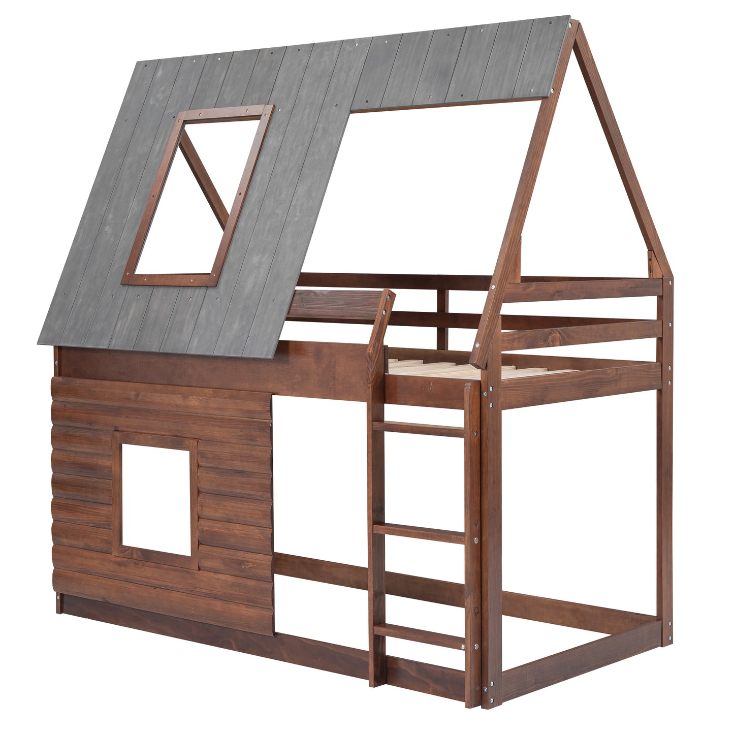 Charming Oak & Smoky Grey Twin Size House Bunk Bed with Roof, Ladder, and Two Windows