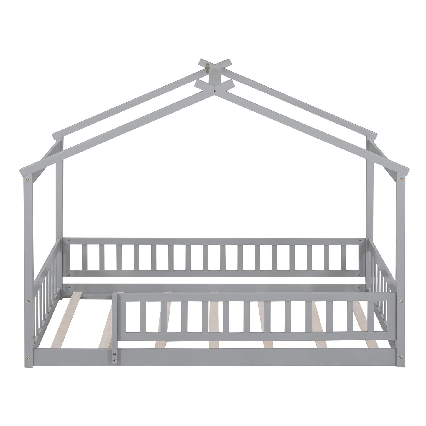 Whimsical Twin Wooden House Bed Frame with Fenced Design for Kids and Teens - Gray
