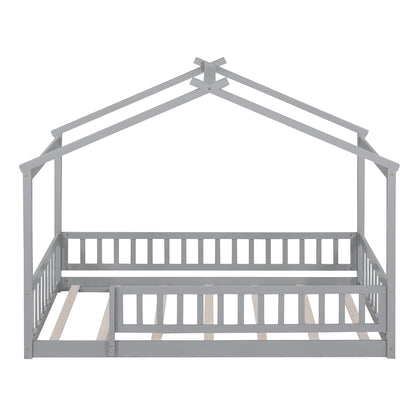 Whimsical Twin Wooden House Bed Frame with Fenced Design for Kids and Teens - Gray