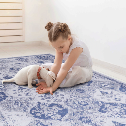 2x3 ft Machine-Washable Area Rug, Low-Pile Chenille, Non-Slip Backing, Kid & Pet Friendly Living Room Blue