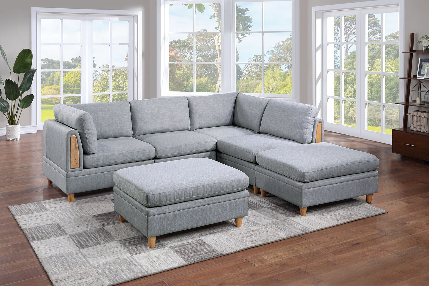 6-Piece Modular Sofa Set: 2 Corner Wedges, 2 Armless Chairs, 2 Ottomans - Living Room Couch Light Grey