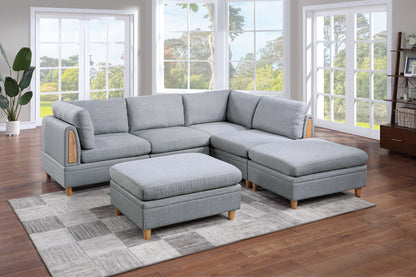 6-Piece Modular Sofa Set: 2 Corner Wedges, 2 Armless Chairs, 2 Ottomans - Living Room Couch Light Grey