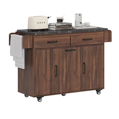 Walnut Brown Rolling Kitchen Island with Drop Leaf, Trash Can Storage, Spice & Towel Racks, and Adjustable Shelves
