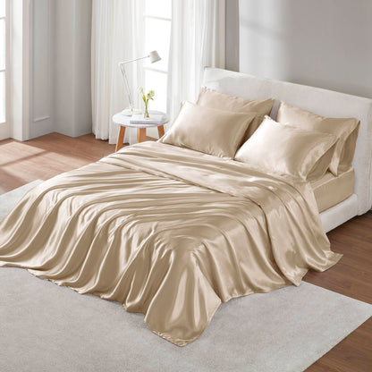 King Satin Luxury Sheet Set, 100% Polyester, 16-Inch Deep Fitted, Flat 108x102, 4 Pillowcases, Champagne