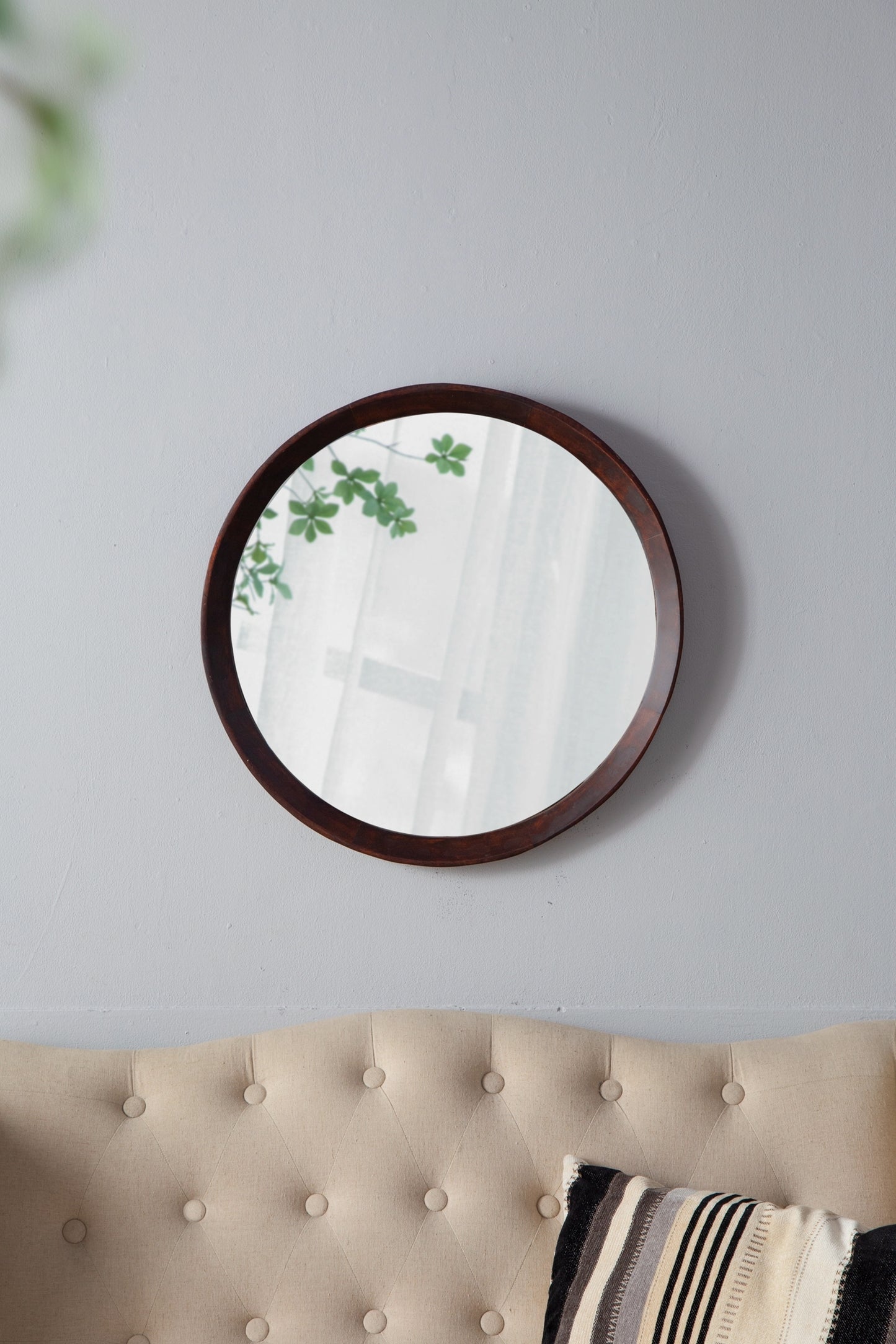 Round Transitional Mango Wood Wall Mirror - 20" Framed Accent for Bathroom and Entryway