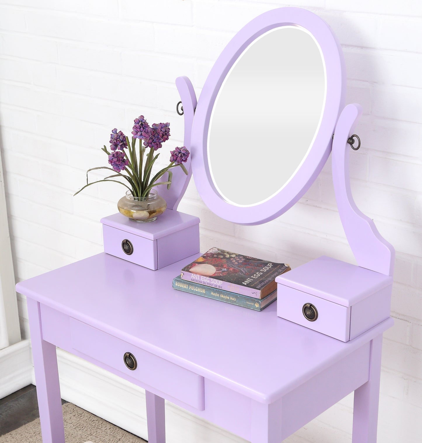 Wood Makeup Vanity Table and Stool Set with Storage Drawers for Bedroom, Space-Saving Beauty Desk Purple