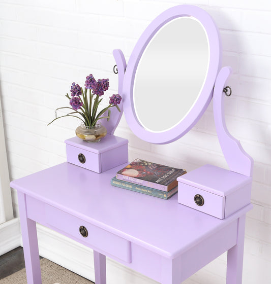 Wood Makeup Vanity Table and Stool Set with Storage Drawers for Bedroom, Space-Saving Beauty Desk Purple