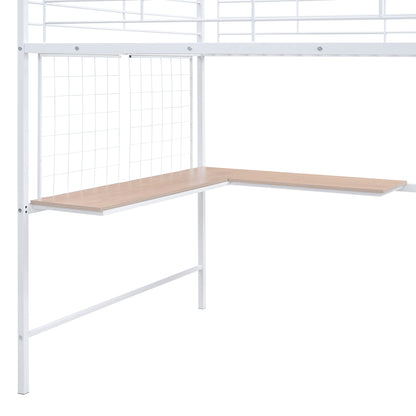 Stylish Full Size Metal Loft Bed with Integrated Desk and Storage Solutions in White