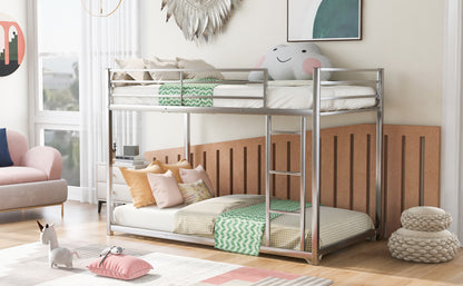 Silver Twin Over Twin Low Metal Bunk Bed with Ladder