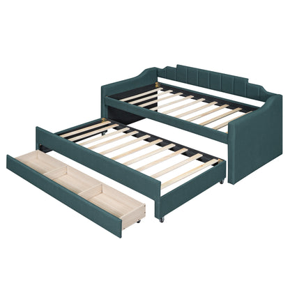 Green Twin Size Upholstered Daybed with Trundle and Storage Drawers