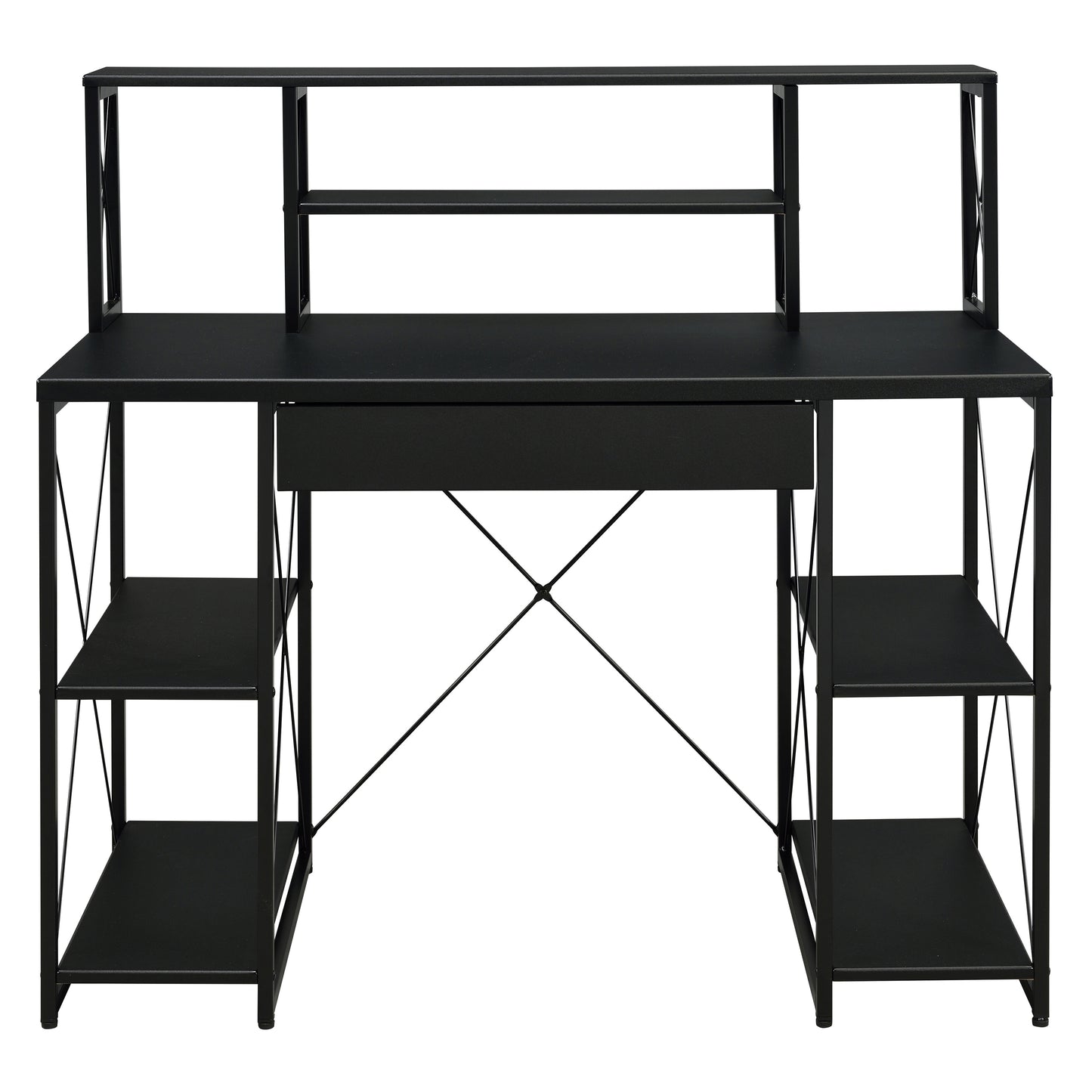 Modern Black Writing Desk with Open Storage and Metal Base