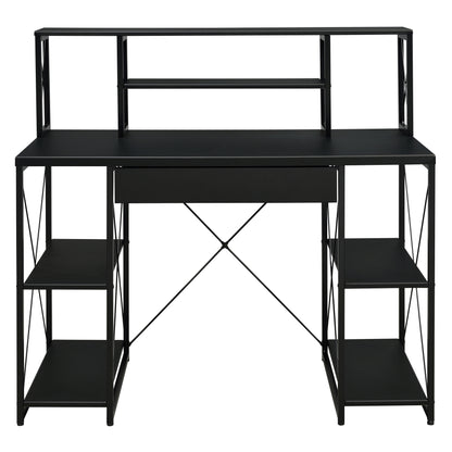 Modern Black Writing Desk with Open Storage and Metal Base