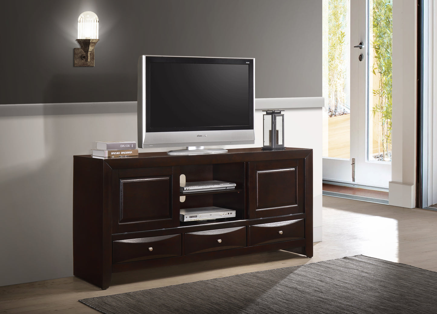 67-Inch TV Stand with 3 Drawers, Open Shelf, Wood Entertainment Console for 60-69in TVs Dark Cherry