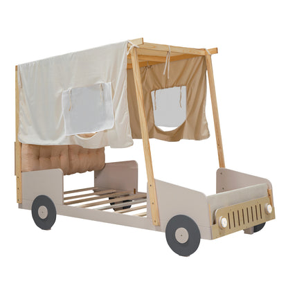 Wood Twin Size Car Bed with LED Lights, Pillow, Ceiling Cloth, Solid Pine and MDF Bed Frame Natural