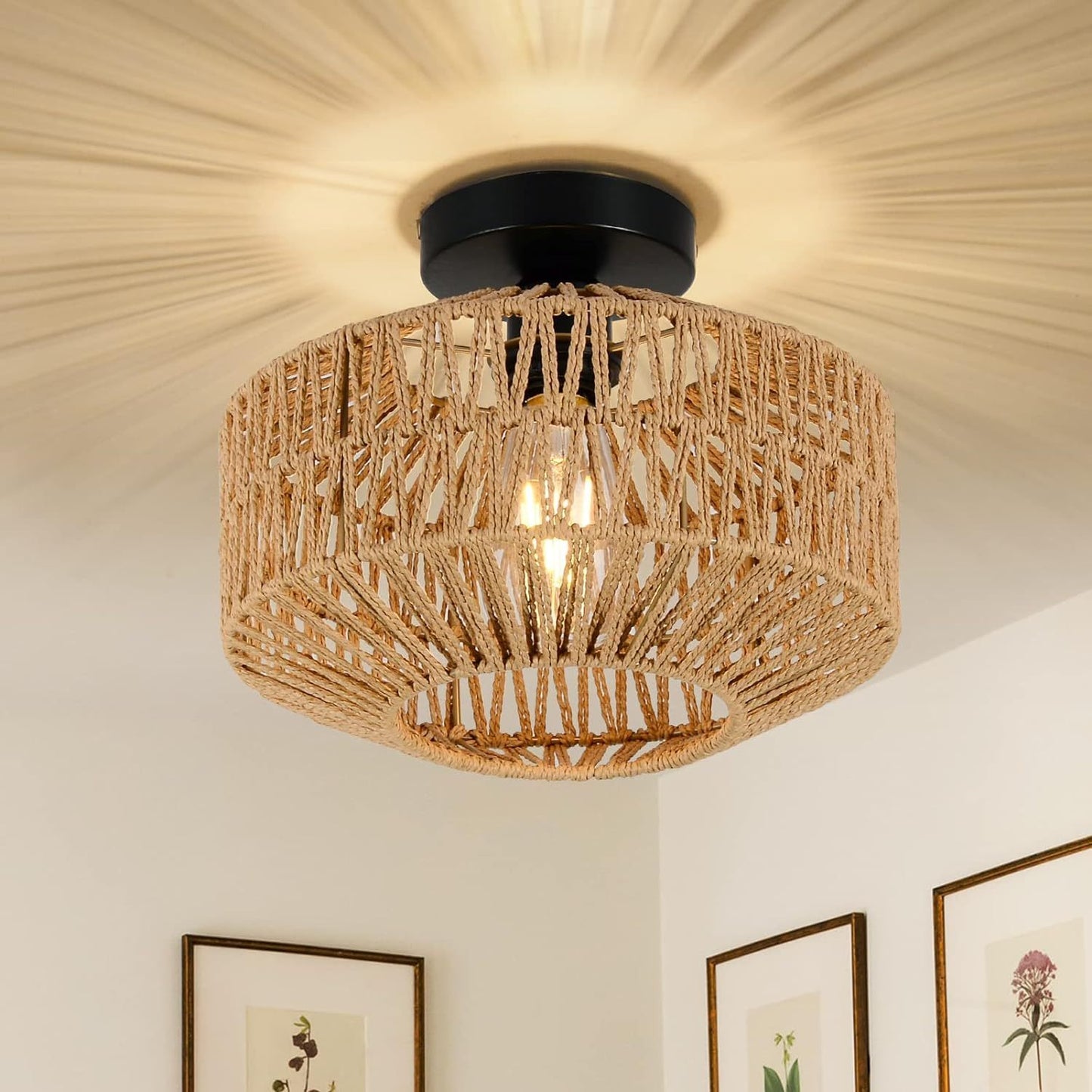 Hand-Woven Rattan Ceiling Chandelier - Flush Mount, Dimmable LED Included, Boho Hallway & Bedroom Brown