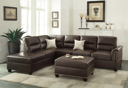 3-Piece Reversible Sectional Sofa Set with Chaise & Ottoman - Modern Living Room, Faux Leather Espresso