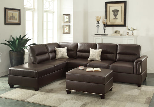 3-Piece Reversible Sectional Sofa Set with Chaise & Ottoman - Modern Living Room, Faux Leather Espresso