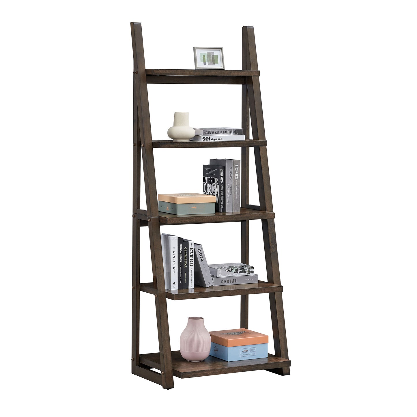 Rustic Brown 5-Tier Ladder Shelf - Solid Wood Bookshelf & Storage Rack for Home and Office