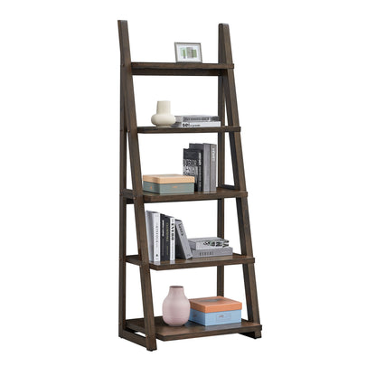 Rustic Brown 5-Tier Ladder Shelf - Solid Wood Bookshelf & Storage Rack for Home and Office