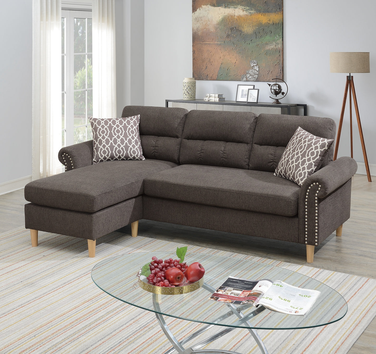 Reversible Sectional Sofa with Chaise, Velvet Upholstery, Nailhead Trim, Pillows Included, 87x59x36-Tan