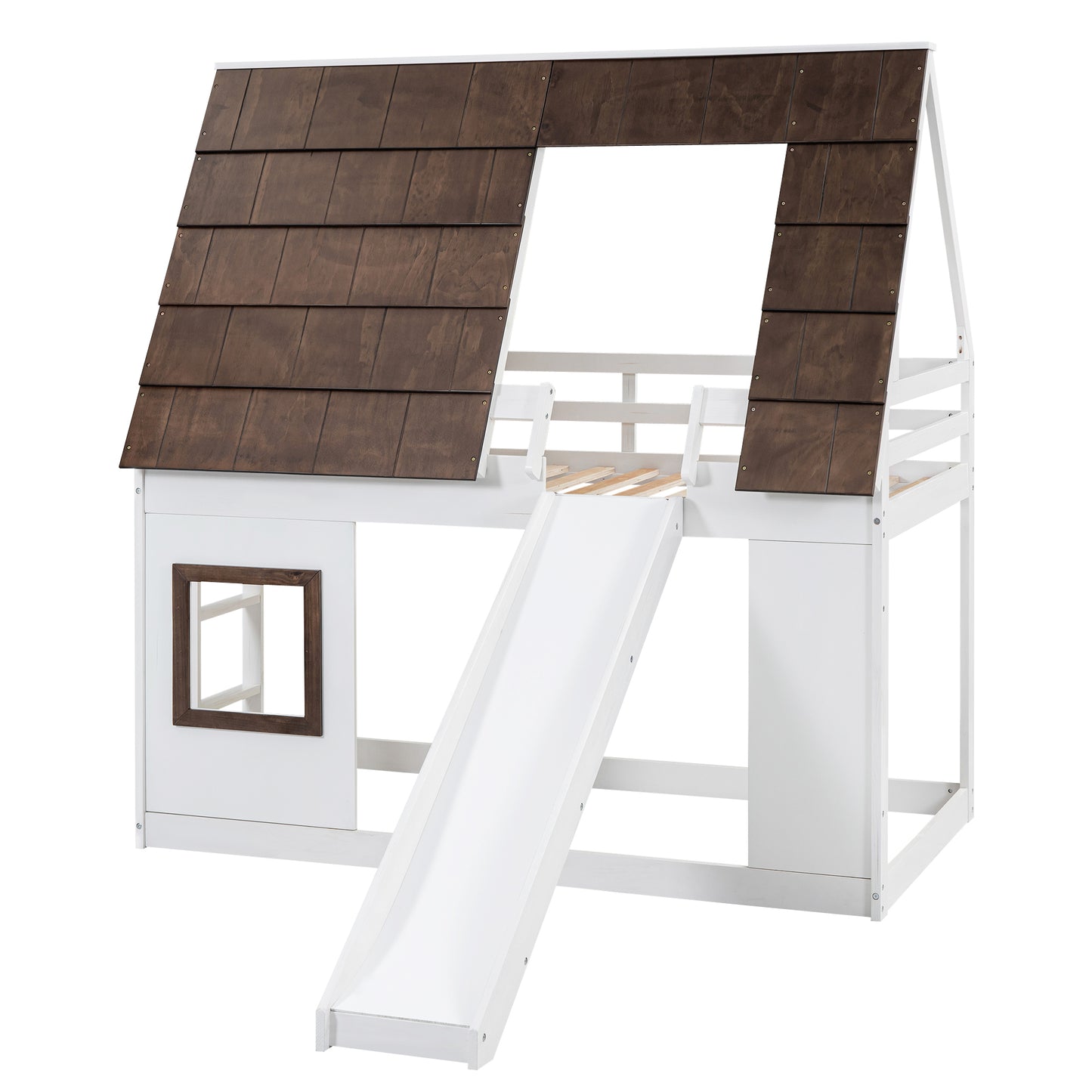 Wooden Twin House Bunk Bed with Roof, Ladder, and Slide in White and Brown