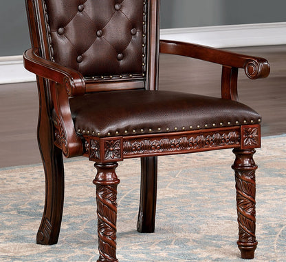 Traditional 2pcs Arm Chairs Brown Cherry Solid wood Dark Brown Leatherette Seats Tufted Back Formal Dining Room Furniture
