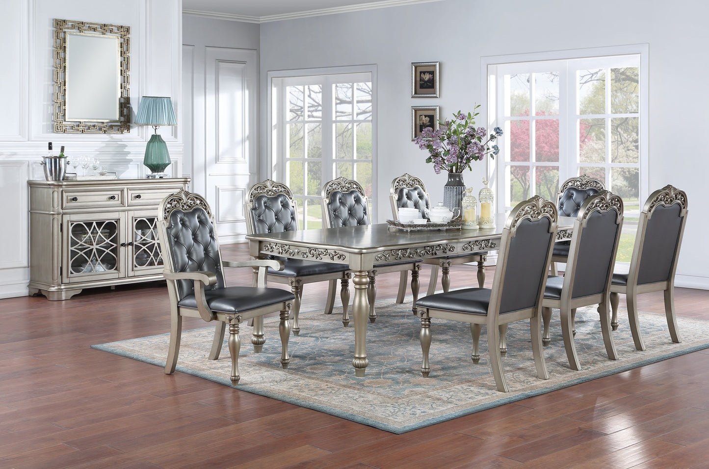 Formal Dining Table With 2 Leaves Rubberwood Silver Finish