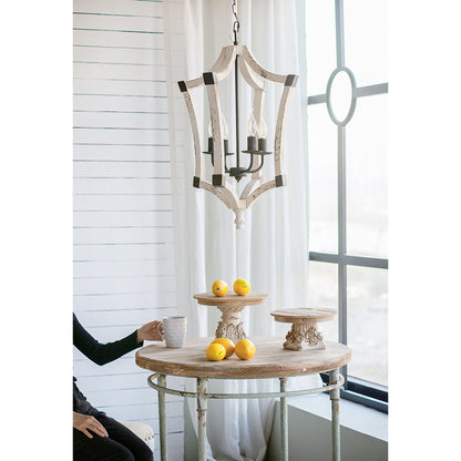Four-Light Wood Chandelier with Adjustable Chain for Kitchen, Foyer, 18in Wide, Bulbs Not Included, Cream