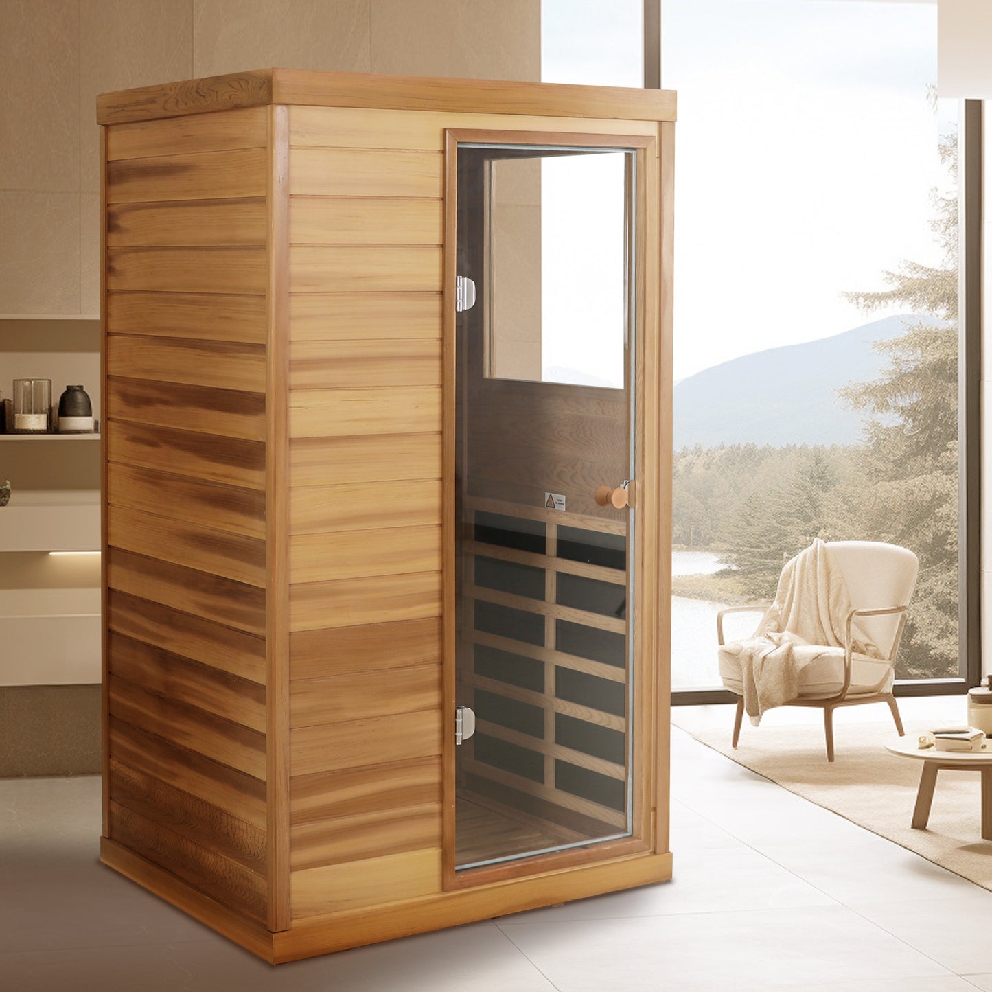 One-Person Indoor Far Infrared Sauna with Glass Door, Right Entry, 6 Heating Panels Caramel