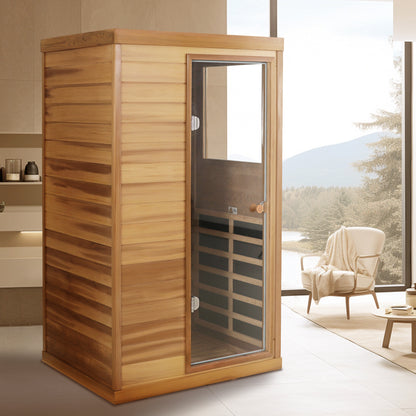 One-Person Indoor Far Infrared Sauna with Glass Door, Right Entry, 6 Heating Panels Caramel