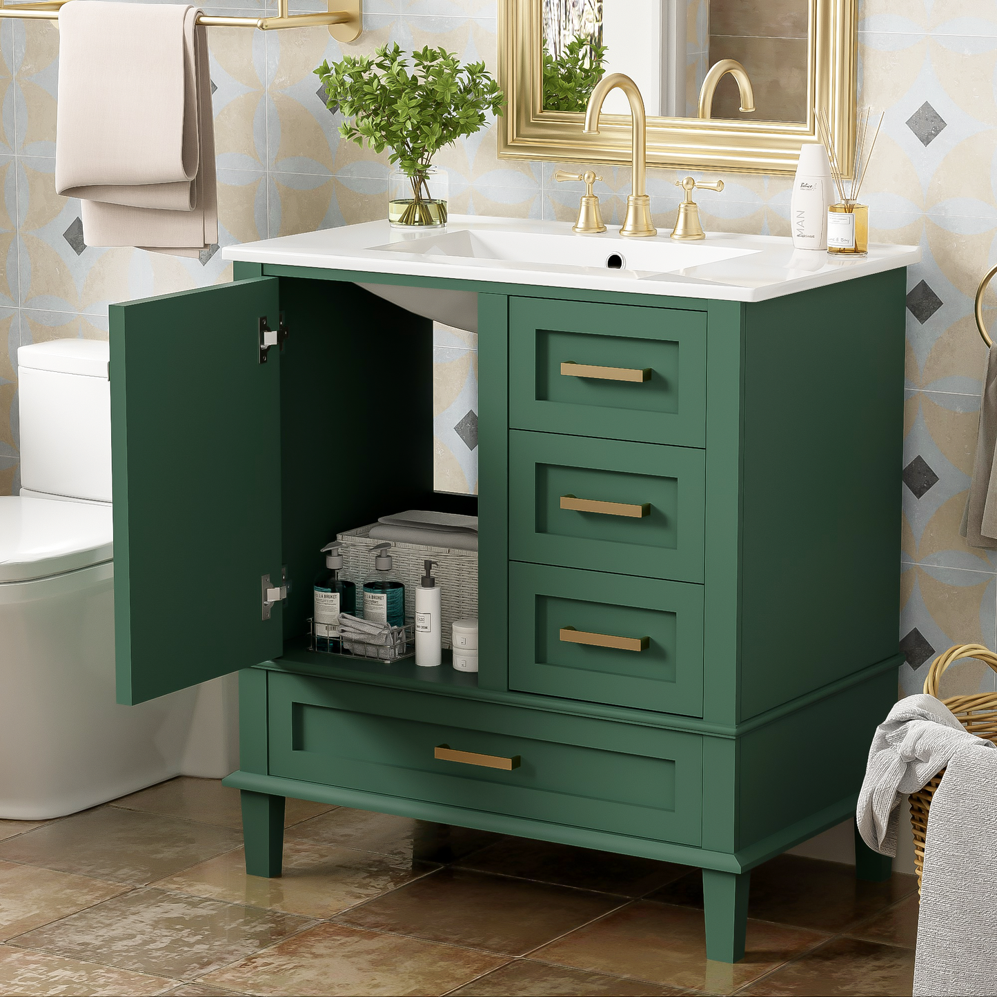 30" Stylish Green Bathroom Vanity with Soft-Close Doors and Sink Combo, Modern Cabinet Featuring 3 Spacious Drawers and Solid Wood Frame